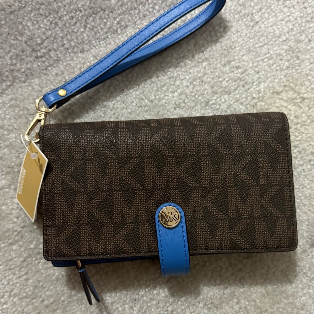 Michael Kors Brown Wristlet with Blue Strap